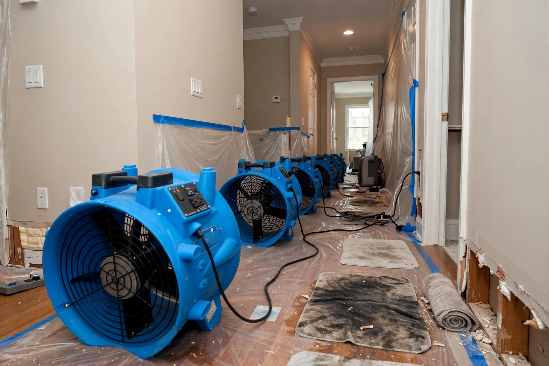 Water damage restoration in Pasadena, Texas - air movers drying a hallway