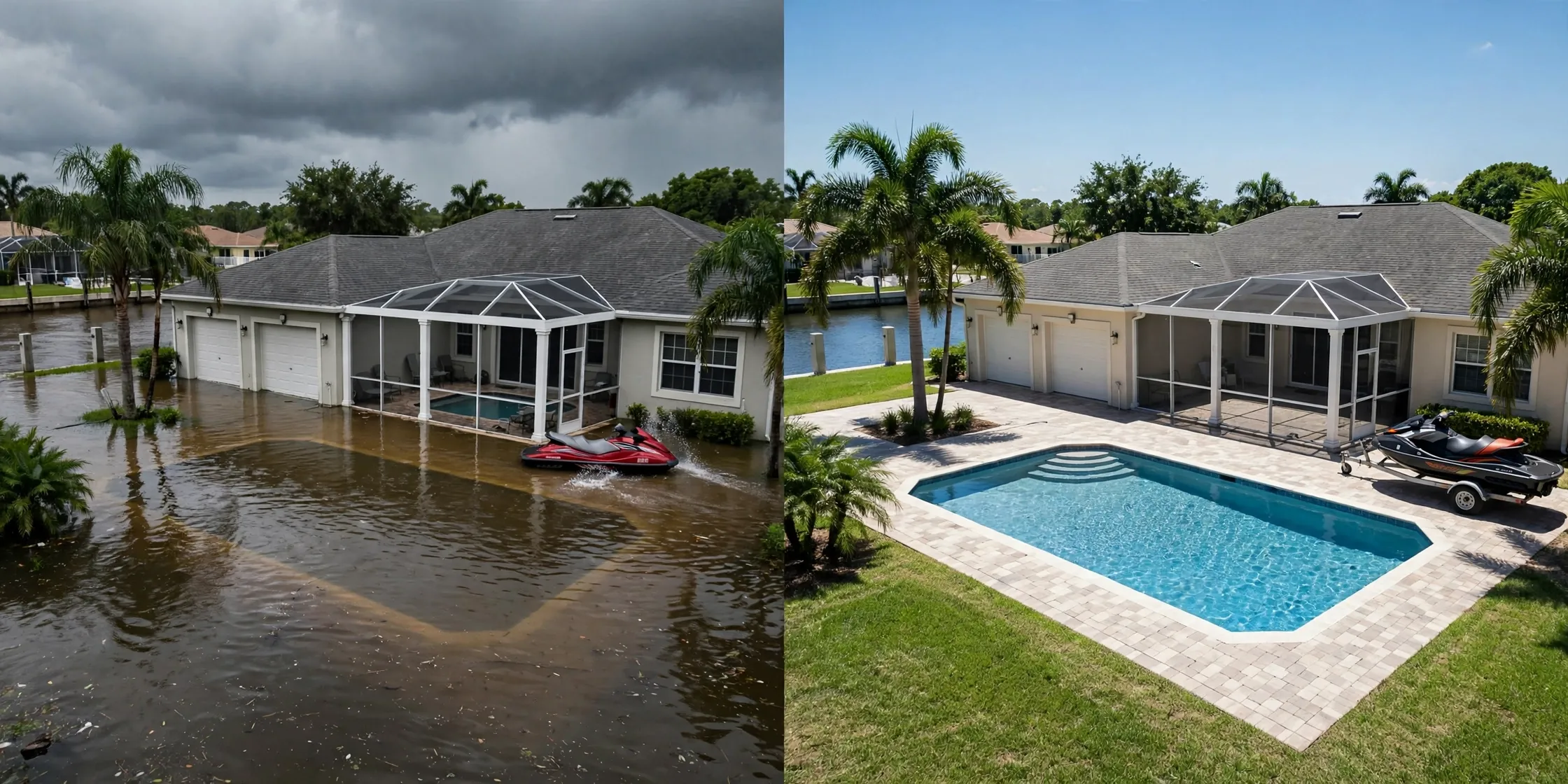 Before and after: Cape Coral canal home backyard and pool flooded, then dry with a clean pool and lawn - DryOut Inc