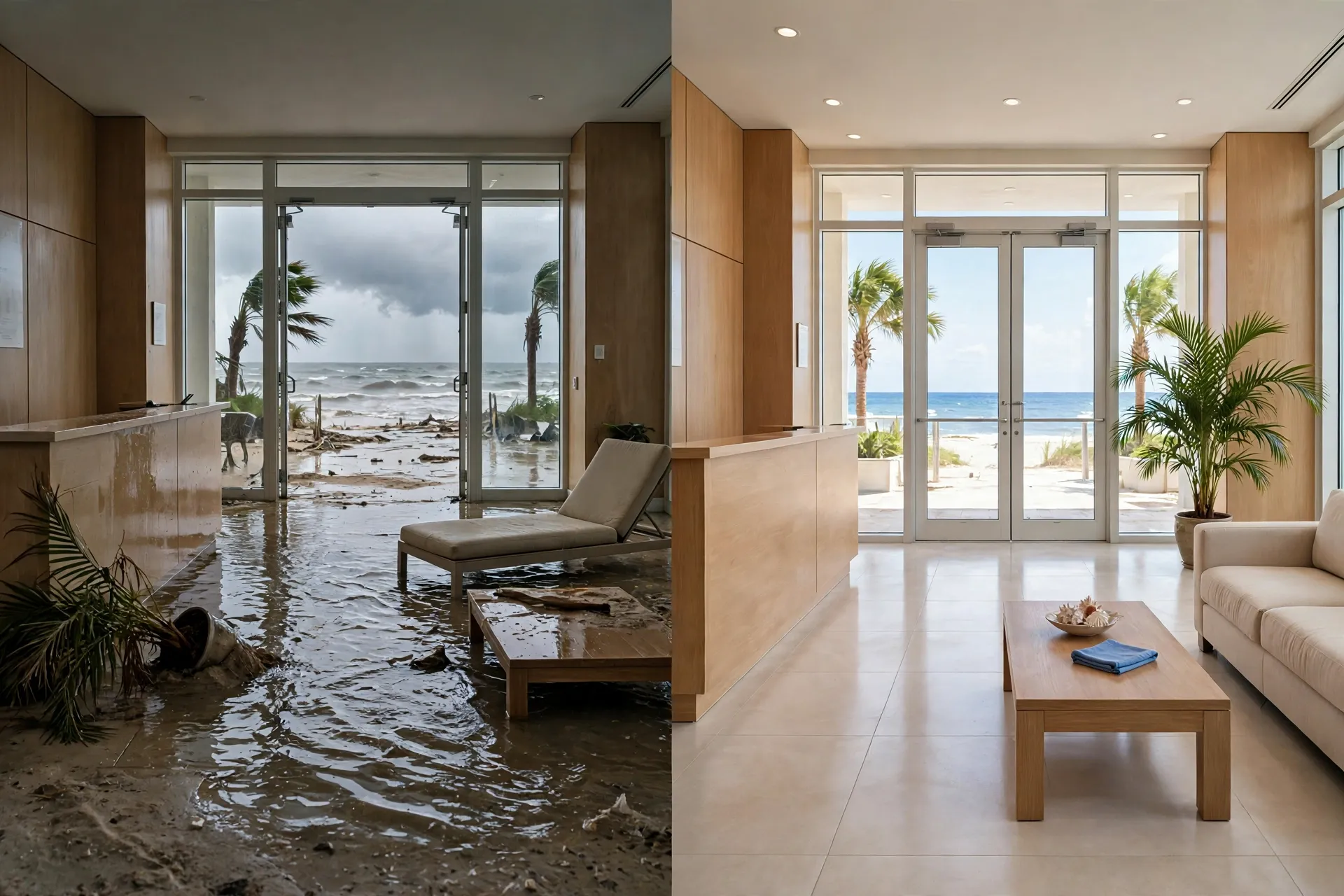 Before and after: Daytona Beach condo lobby flooded with seawater and sand, then cleaned and restored - DryOut Inc