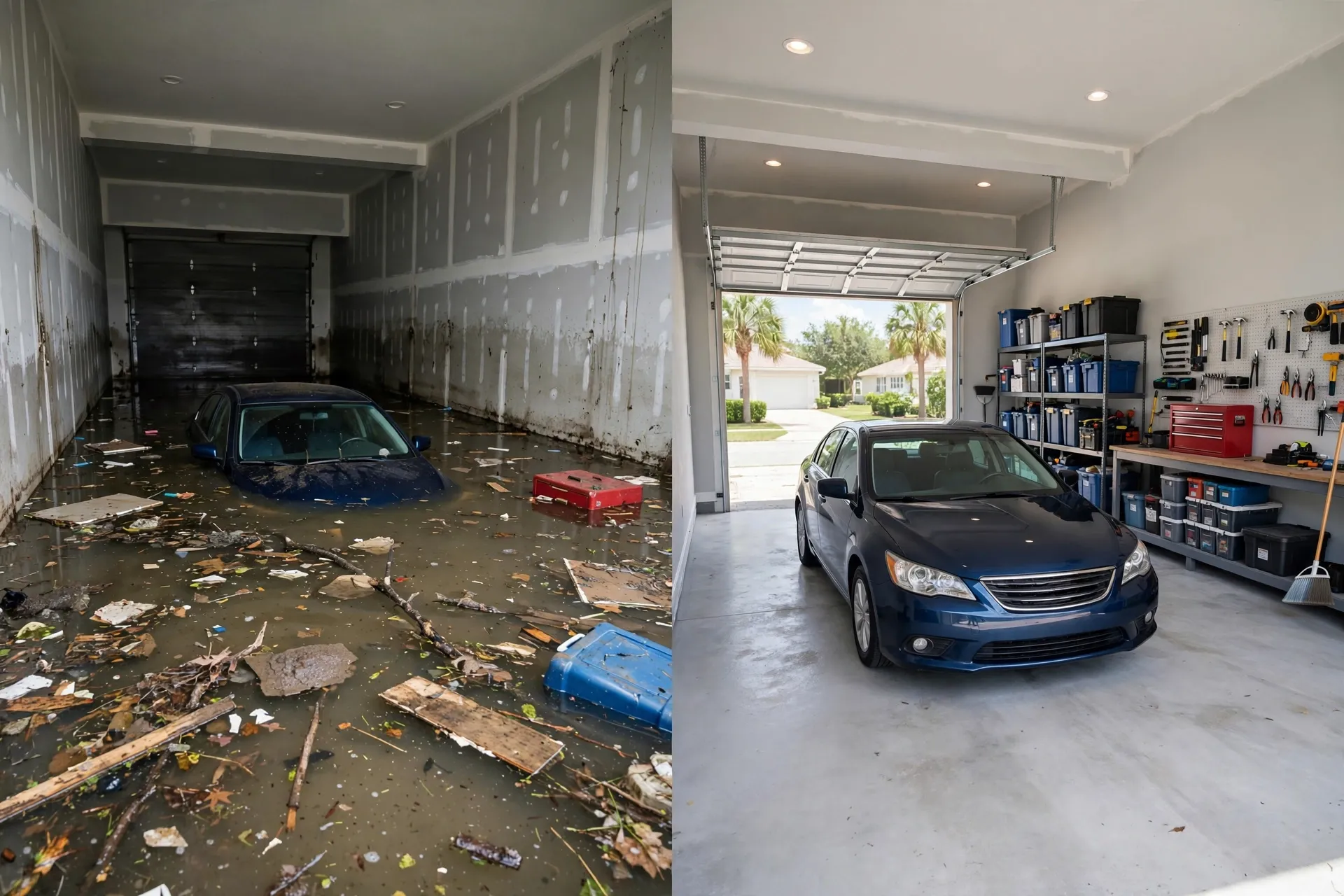 Before and after: Tampa garage flooded with a car inside, then cleaned, dried and restored - DryOut Inc