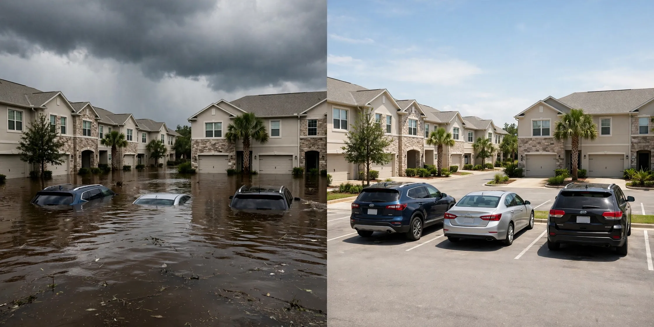 Before and after: Tallahassee townhome parking lot flooded with cars submerged to their roofs, then dry and cleaned - DryOut Inc