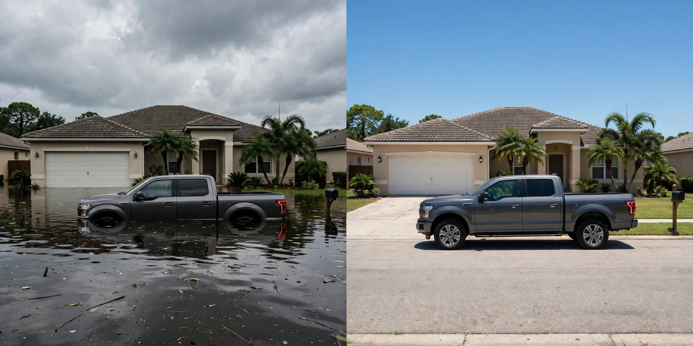 Before and after: Orlando street flooded with a pickup truck submerged, then dry and cleaned - DryOut Inc