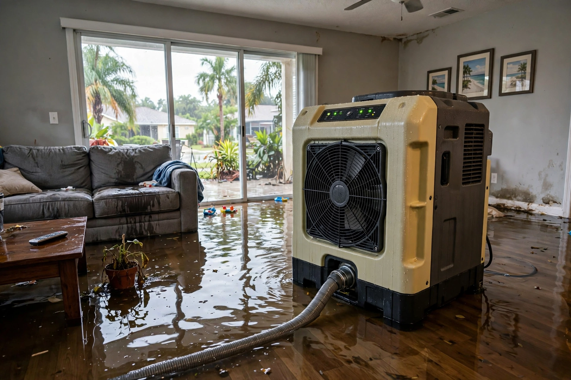 Commercial dehumidifier running in a flooded home - DryOut Inc water damage project Florida
