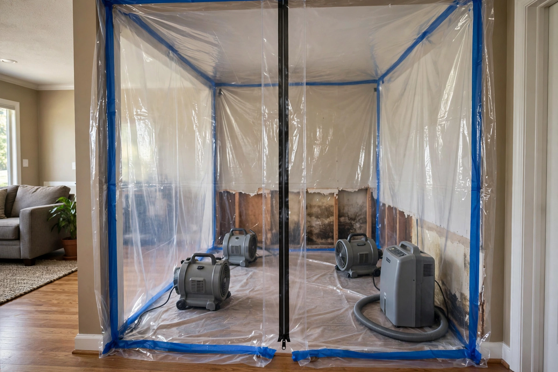 Water damage restoration in Tampa, Florida - drying containment setup