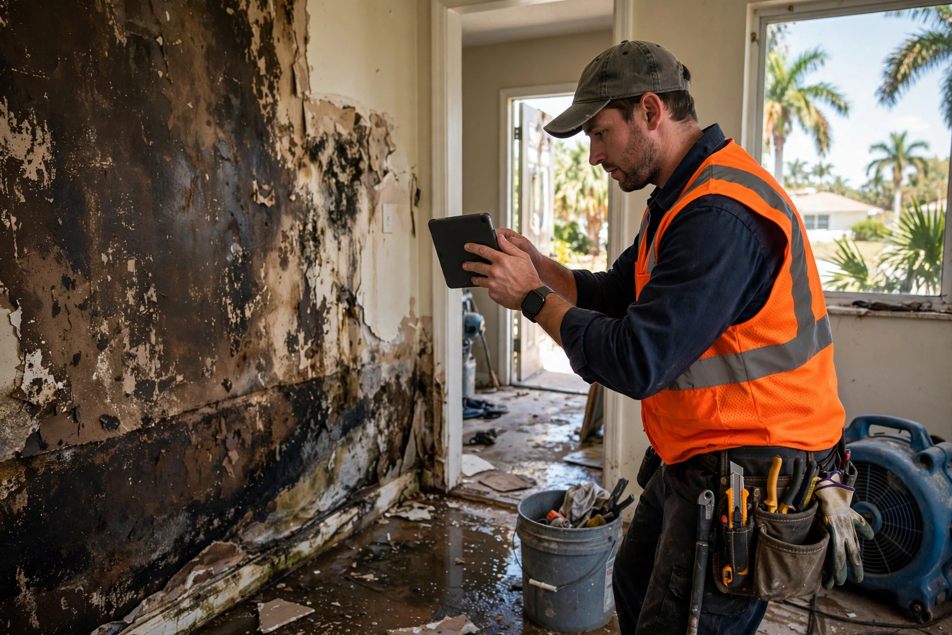 DryOut Inc technician documenting water damage and moisture readings for certification records