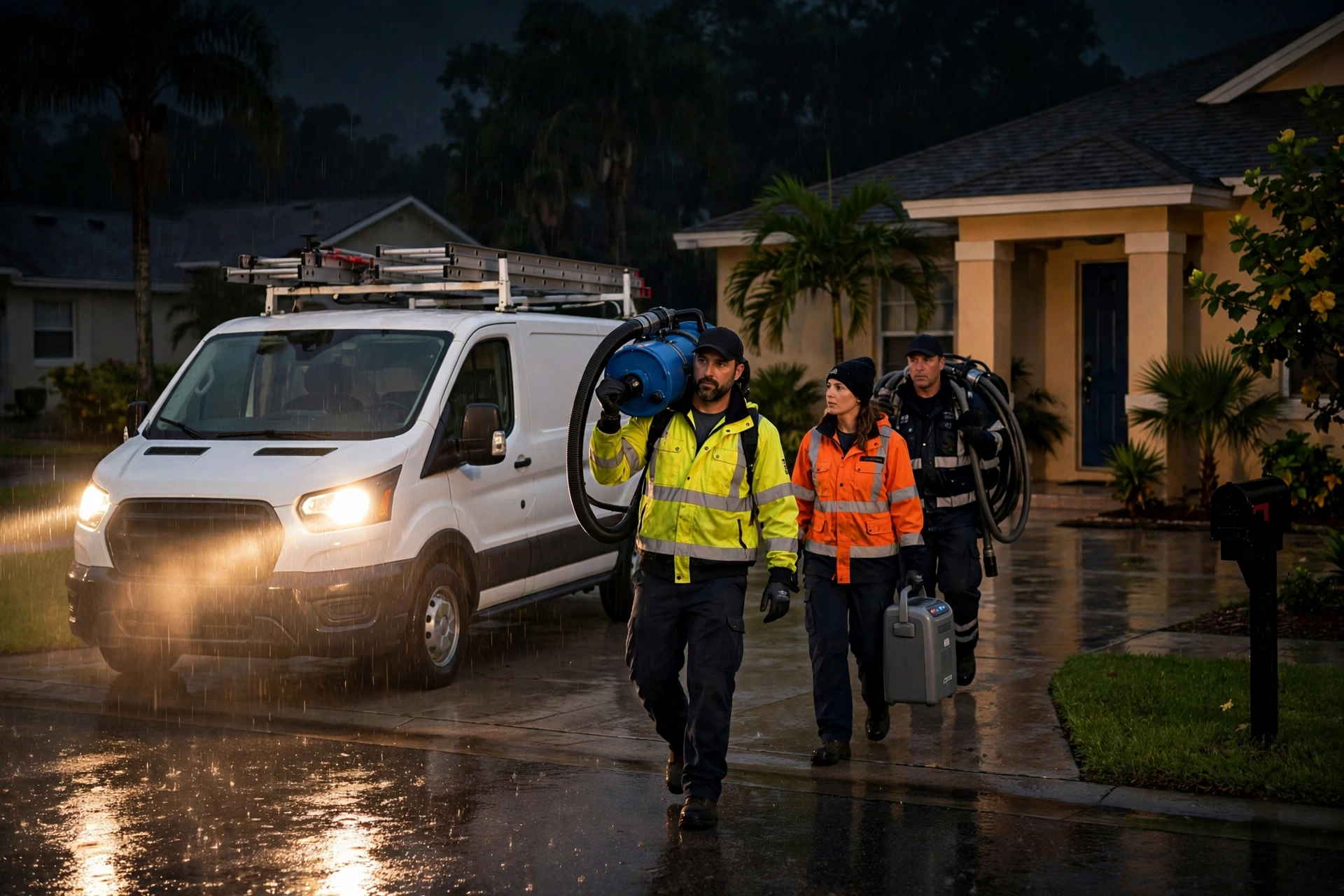 DryOut Inc crew responding to a nighttime water damage emergency in Florida