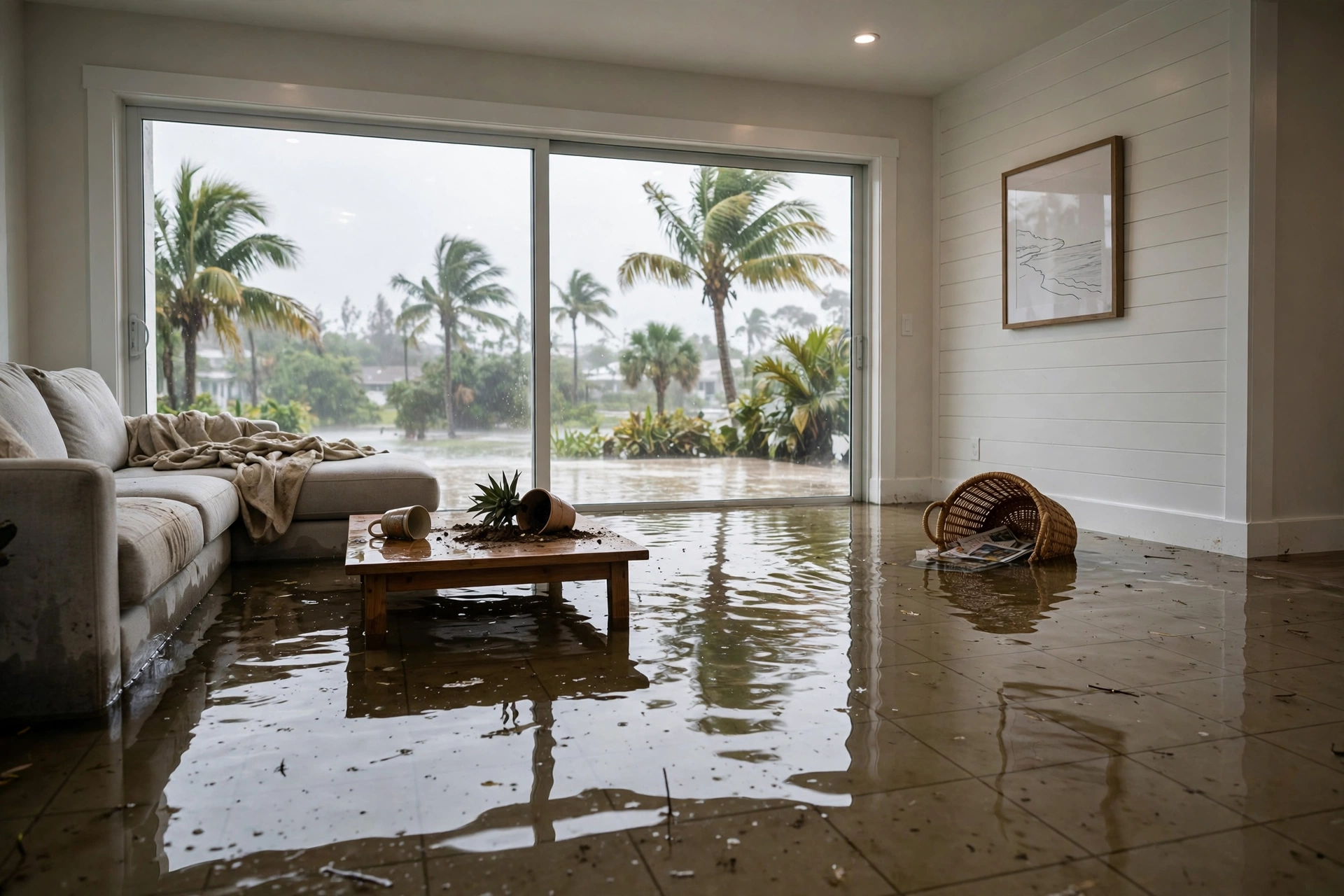 Water damage restoration in League City, Texas - flooded living room
