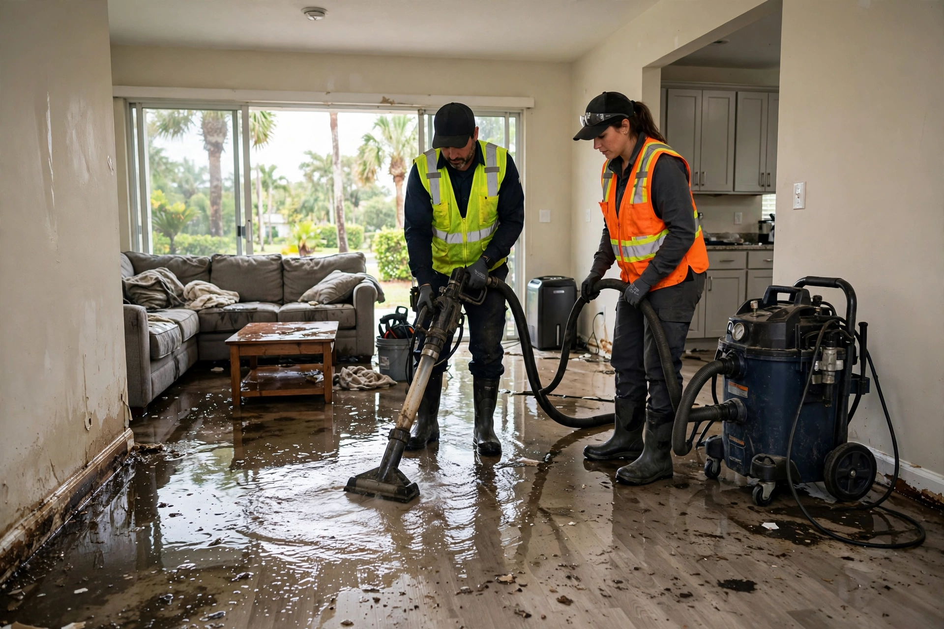 Water damage restoration crew extracting flood water from a Florida home
