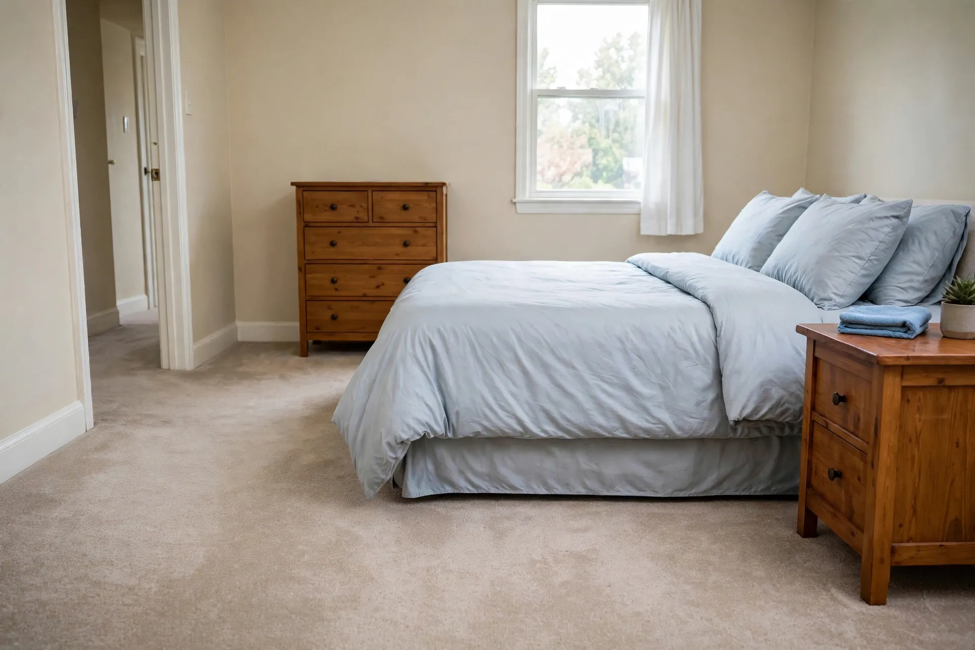 After: same Jacksonville bedroom dried with fresh carpet and paint - DryOut Inc before and after