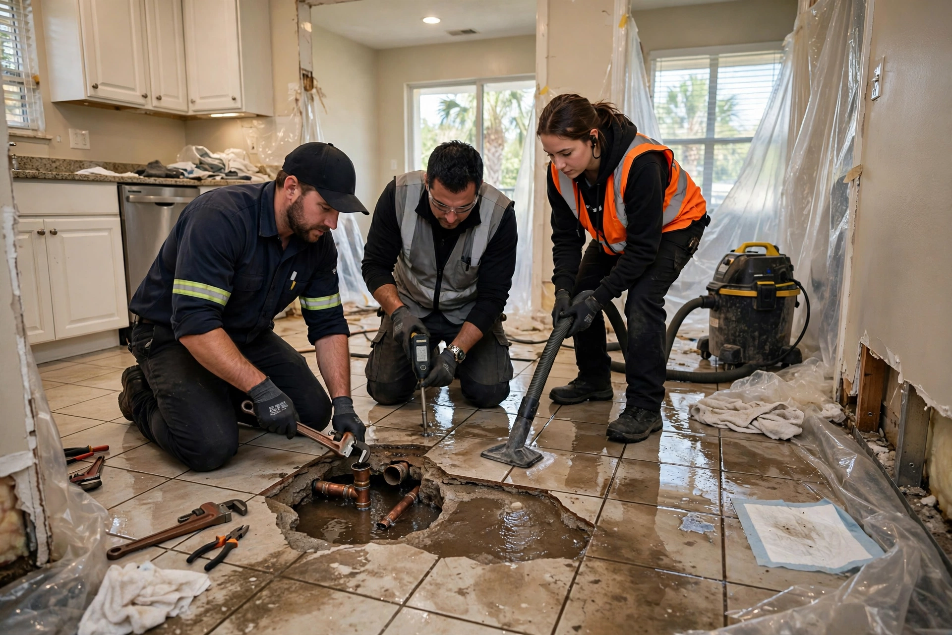 Certified slab leak water damage repair and drying in an Orlando, Florida home